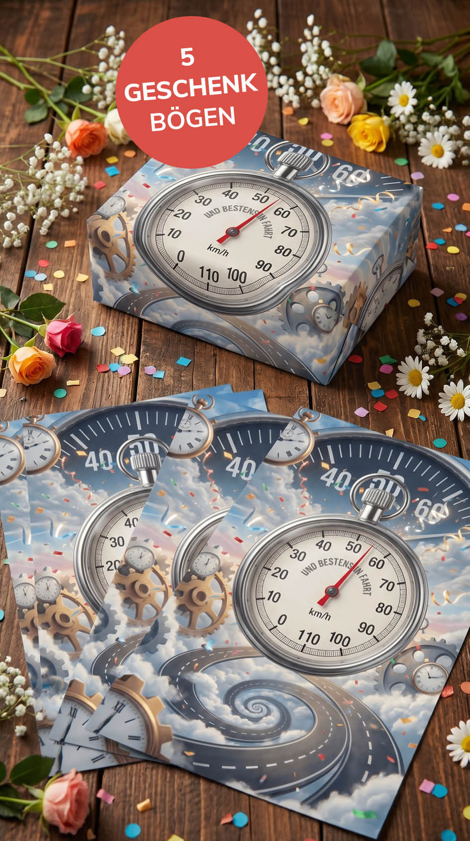 Lustiges Geschenkpapier Set 5 Bögen Tacho - witziges Motiv zum Geburtstag